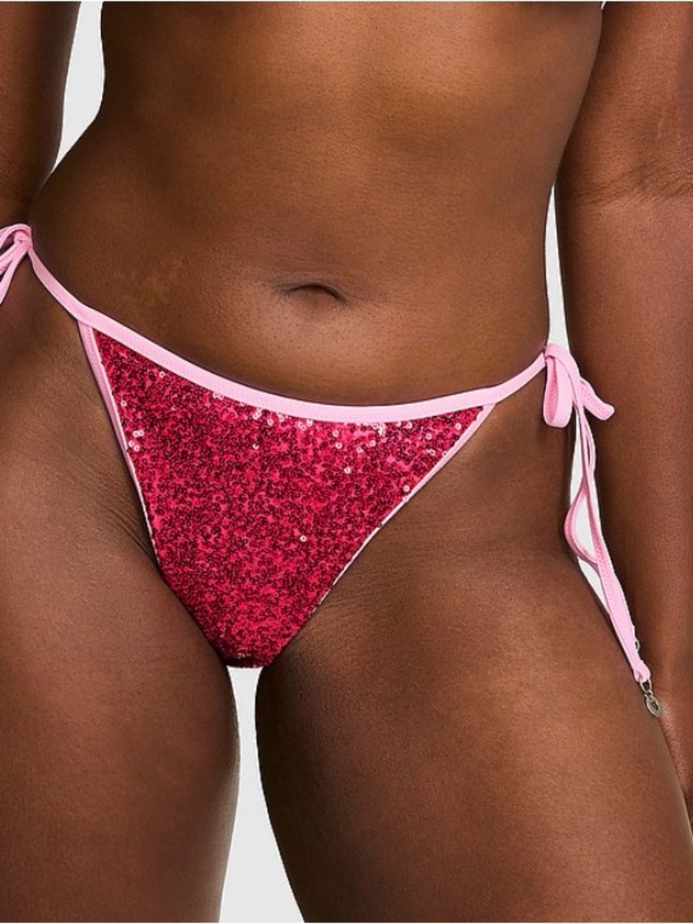 PINK Victoria's Secret Red Sequin Tie-Side Bikini Bottom with Pink Trim